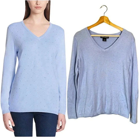 DKNY Women's Small Long Sleeve V-Neck Rhinestone Embellished Y2K Knit Sweater - Picture 1 of 16